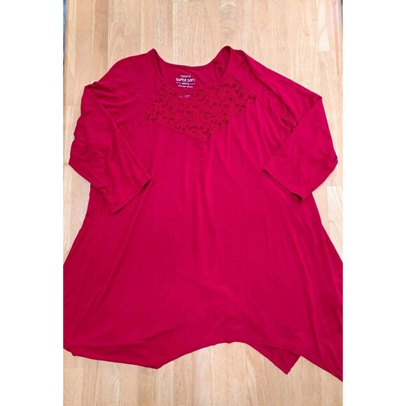 Torrid Tops - Torrid Size 2 (18/20 2X) Super Soft Red Top Tunic Asymmetrical Hem Lace Insert